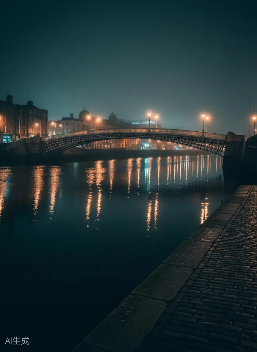 Dublin city at night, Ha'penny Bridge over River Liffey