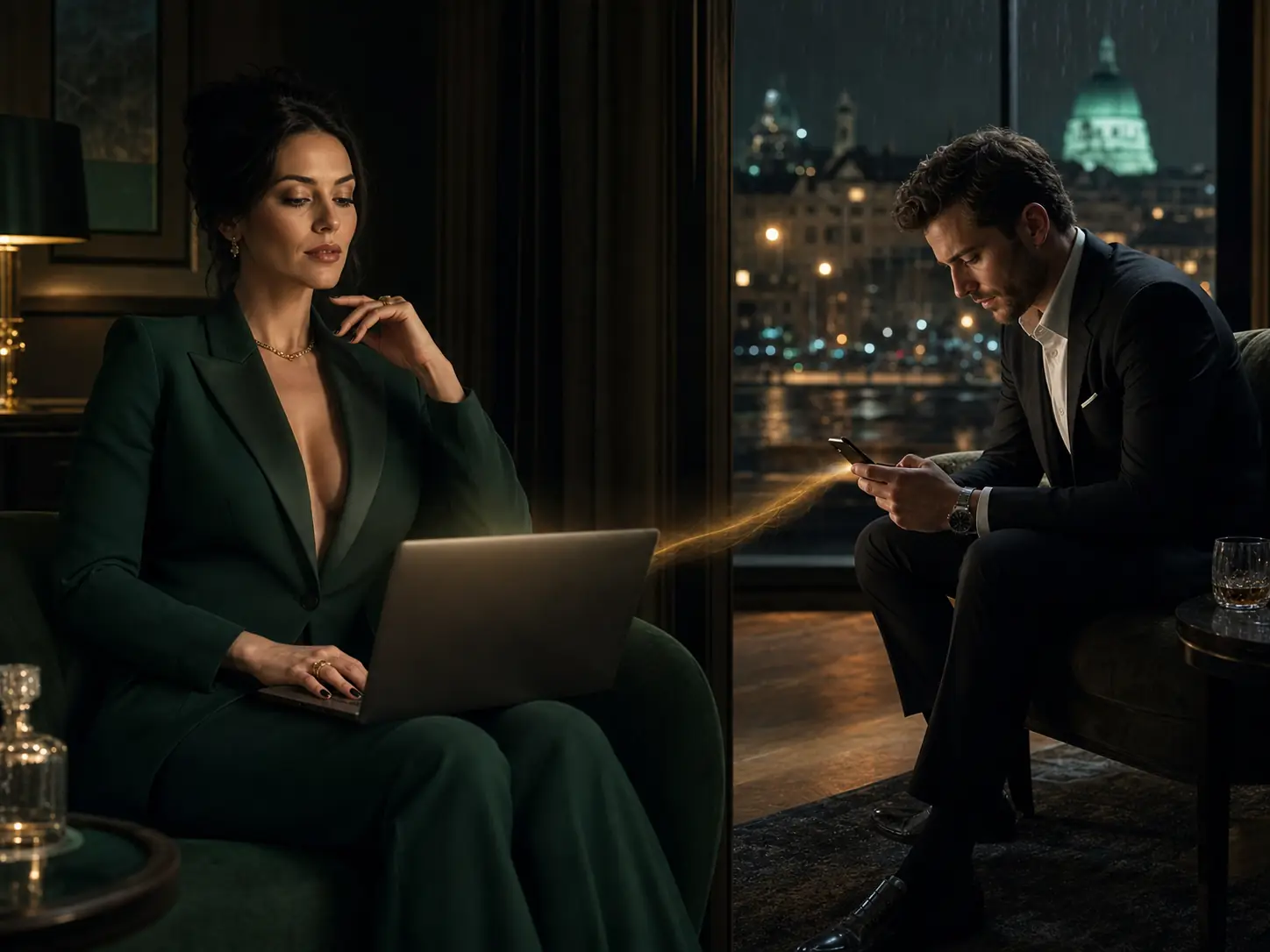 A Domme reviews a profile while a financial submissive considers his first tribute