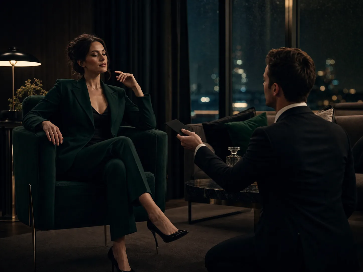 A composed Domme and attentive financial submissive discussing a symbolic tribute